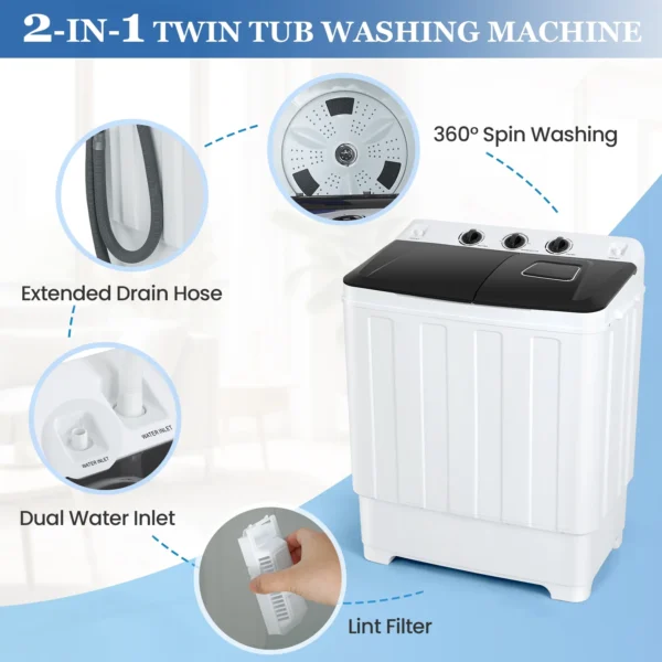 Veeboto Portable Washing Machine, 30LBS Twin Tub Mini Compact Laundry Washer 19lbs Washer/11lbs Spinner with Drain Pump & Time Control Washer Spinner Combo, White&Gray - Image 5