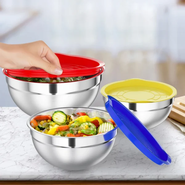 TINANA Mixing Bowls with Lids: Stainless Steel Mixing Bowls Set - 7PCS Metal Nesting Mixing Bowls for Kitchen, Size 7, 4.5, 3, 2, 1.5, 1, 0.7 QT, Great for Prep, Baking, Serving-Multi-Color - Image 2