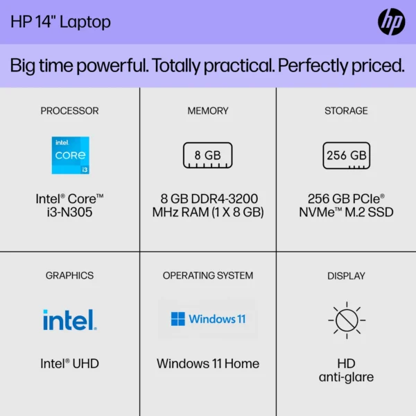 HP 14 inch Laptop Intel Core i3-N305 8GB RAM 256GB SSD Moonlight Blue (2024) - Image 2