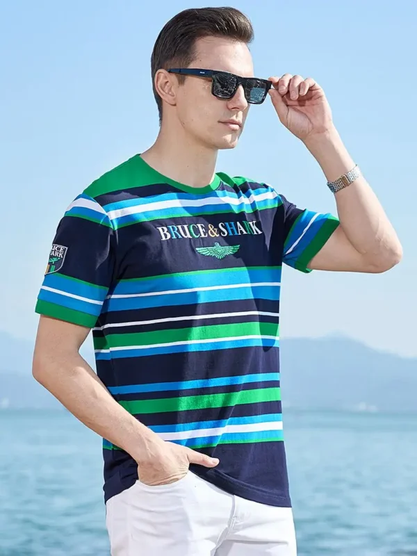 New Men's T-shirt Round Neck Bruce&Shark Fashion Stripe Men Clothing Korean Luxury brands Soften Cotton Loose Big Size 4XL - Image 2