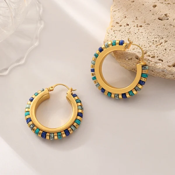 Retro Jewelry Green Stones Earrings Hot Sale Luxury Design High Quality Brass Metal Gold Color Hoop Earrings For Women 2023 - Image 5