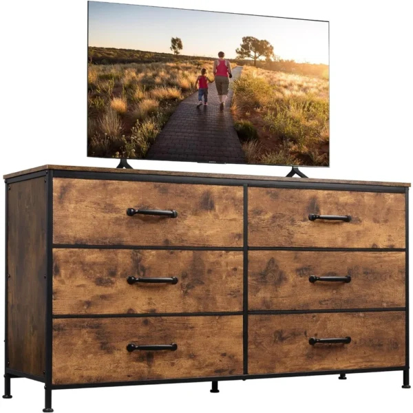 #Wide Fabric Dresser, 6 Drawer Dresser TV Stand for 60" TV, Dressers Bedroom Furniture Large Storage Tower Unit with Fabric Bins - Image 2