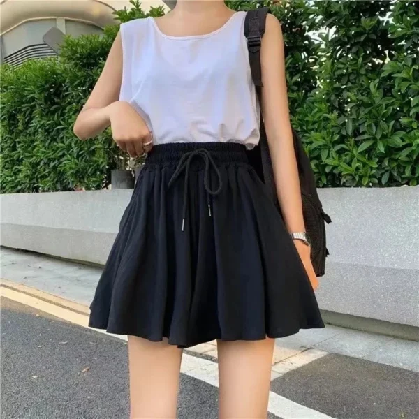 Summer Shorts Skirts Women Elastic High Waist Casual Wide Leg Shorts Korean A Line Loose Mini Skirt Black Short Pants - Image 3