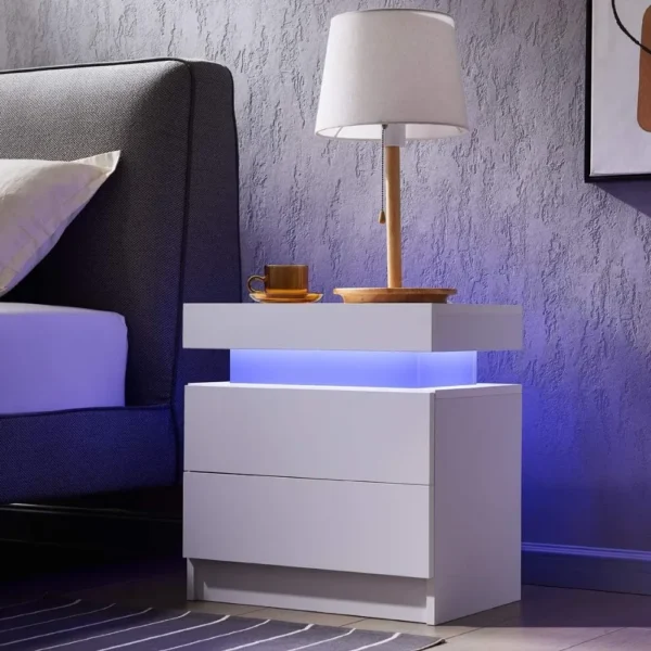 Side Bed Table With LED Light Bedside Tables for the Bedroom Furniture Generic Nightstand Set of 2 LED Nightstand With 2 Drawers - Image 3