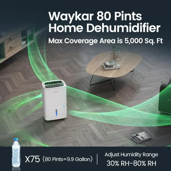 Waykar 80 Pints Energy Star Home Dehumidifier for Spaces up to 5,000 Sq. Ft at Home, in Basements and Large Rooms with Drain Hos - Image 2