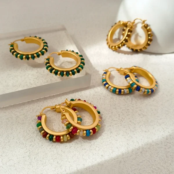 Retro Jewelry Green Stones Earrings Hot Sale Luxury Design High Quality Brass Metal Gold Color Hoop Earrings For Women 2023 - Image 2