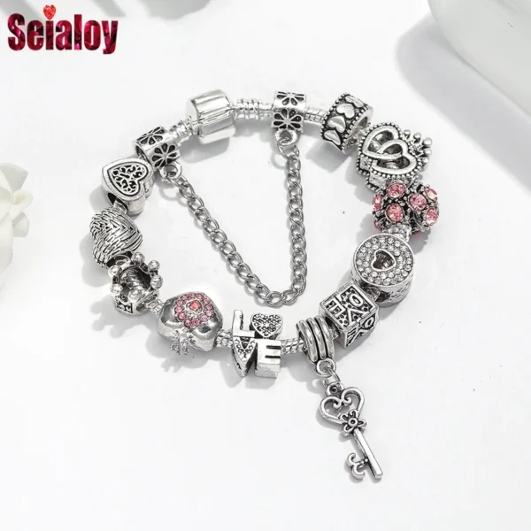 Seialoy Silver Plated Heart Key Pendant Charm Bracelets For Women Original Girls Princess Crown Beaded Bracelet Wife Jewelry