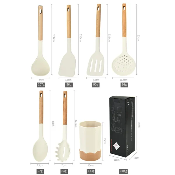 White wooden handle kitchen cooking tools silicone kitchenware seven piece set silicone spatula kitchen utensils cooking stir fr - Image 6