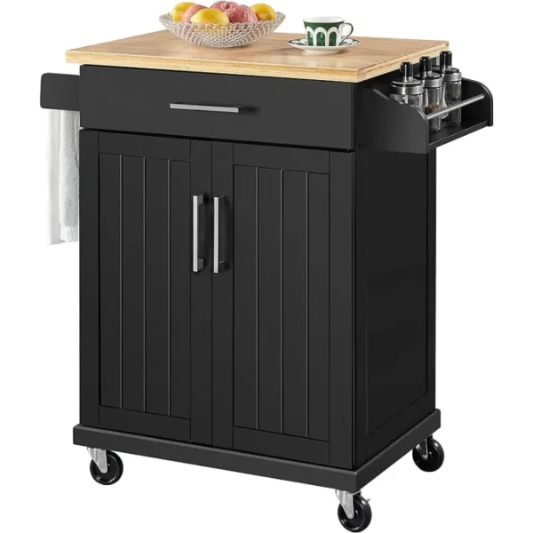 Kitchen Island On Wheels with Storage Cabinet and Drawer, Kitchen Trolley Cart with Spice Rack and Towel Bar for Dining Room