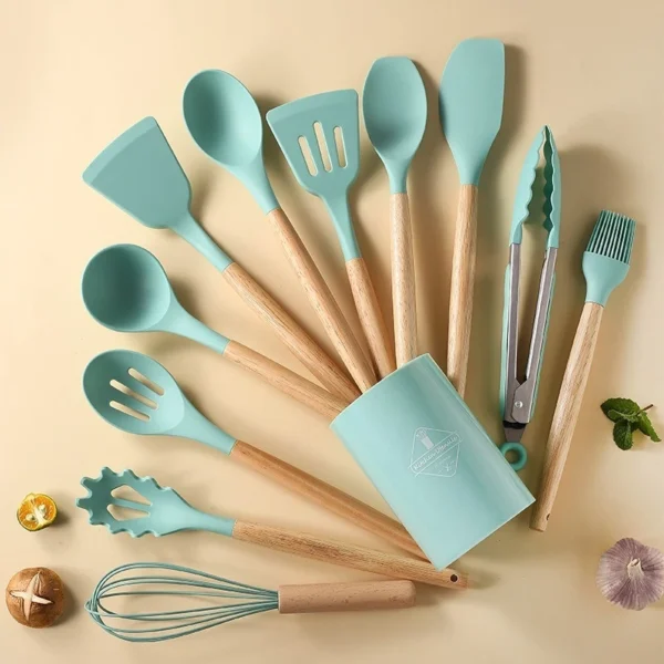 12PCS Silicone Kitchenware Non-Stick Cookware Kitchen Utensils Set Spatula Shovel Egg Beaters Wooden Handle Cooking Tool Set - Image 2