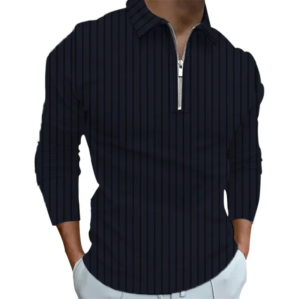 Spring Autumn Men Long Sleeve Zipper Polo Shirt Men Casual Stripe Polo Shirt Tops . - Image 5