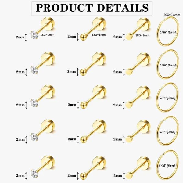 25pcs/30pcs Tiny Surgical Stainless Steel 2mm Small CZ Dot Ball Flat Screw Back Stud Earrings Ear Piercing Hoop Jewelry Set - Image 5