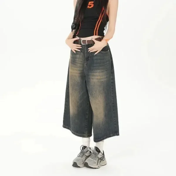 Women Y2k Style Baggy Denim Shorts Wide Leg Short Pants Fashion High Waisted Dark Wash Knee Length Loose Unisex Jeans Casual - Image 2