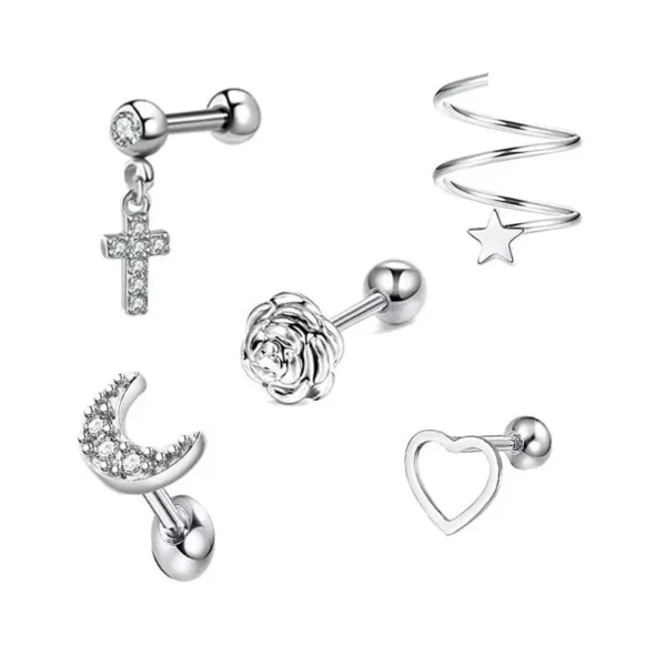 5PCS/Set Stainless Steel Zircon Stud Earrings for Women Fashion Heart Flower Ear Tragus Cartilage Piercing Suit Jewelry