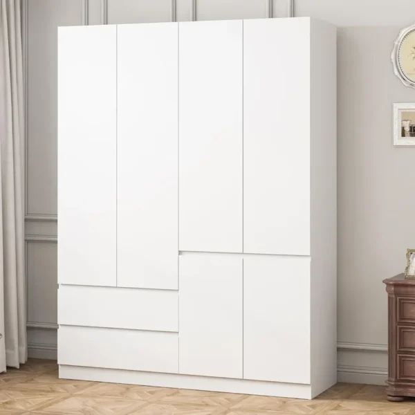 4 Doors Wardrobe , with Drawers and Shelves, Armoires and Wardrobes with Hanging Rod, Wooden Wardrobe