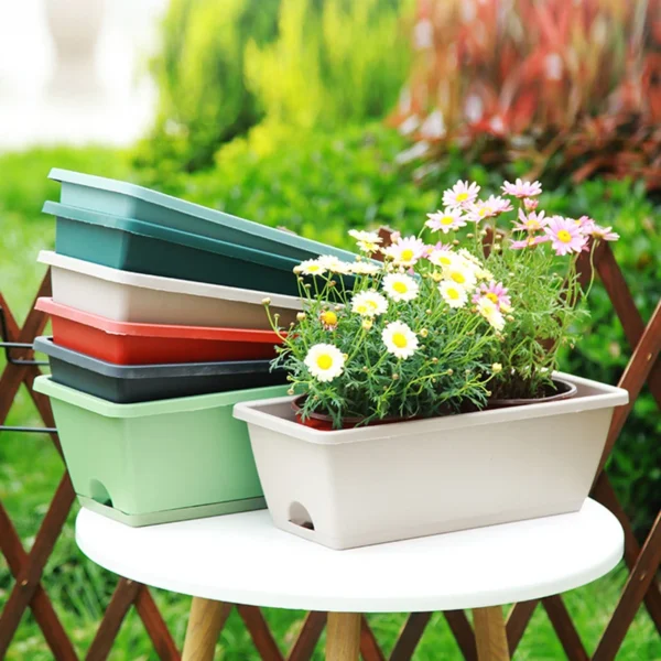 Square Flower Pot With Drainage Holes Garden Vegetables Growing Window Frame Pot With Tray Resin Planter Box Garden Supplies