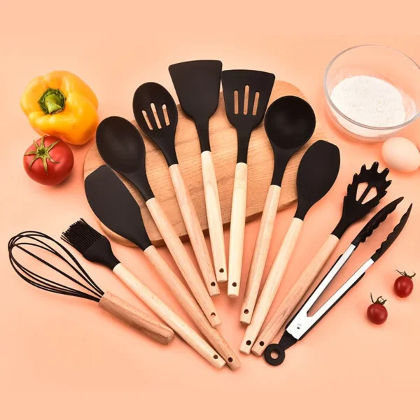 12 Pcs Silicone Kitchen Utensils Set Non-Stick Cookware for Kitchen Wooden Handle Spatula Egg Beaters Kitchenware Accessories - Image 2