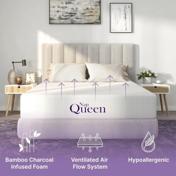 8 Inch Queen Size Mattress, Bamboo Charcoal Memory Foam Mattress, Bed in a Box, White - Image 5