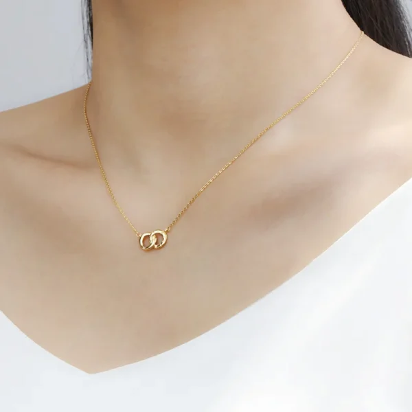 Korean version minimalist and fashionable S925 sterling silver plated K-gold double ring circular zirconia inlaid niche necklace - Image 3