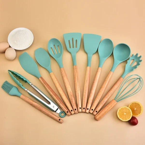 12Pcs Silicone Kitchen Utensils Cooking Wooden Handle Non Stick Pot Kitchenware Set Storage Bucket Silicone Kitchen Utensils - Image 3