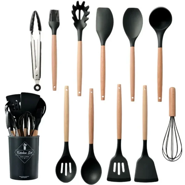 12 Pcs Silicone Kitchen Utensils Set Non-Stick Cookware for Kitchen Wooden Handle Spatula Egg Beaters Kitchenware Accessories