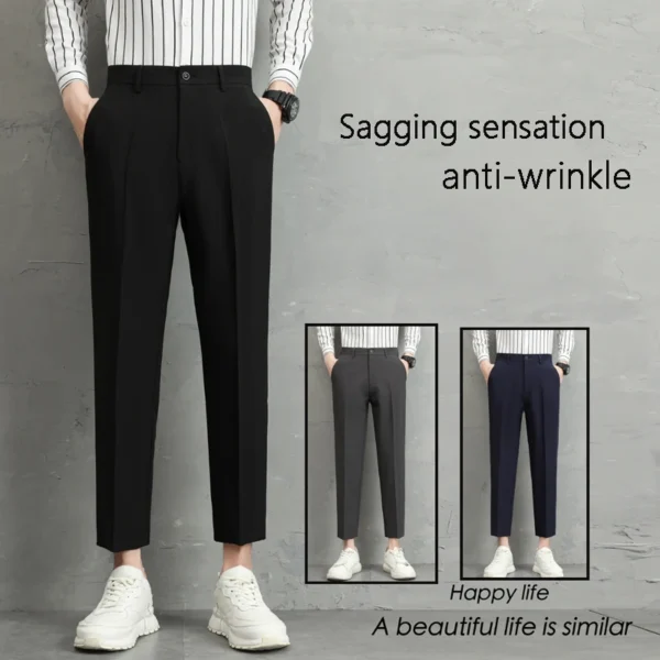 Men's summer ice thin business suit pants paired with Japanese and Korean straight leg loose black casual cropped suit pants