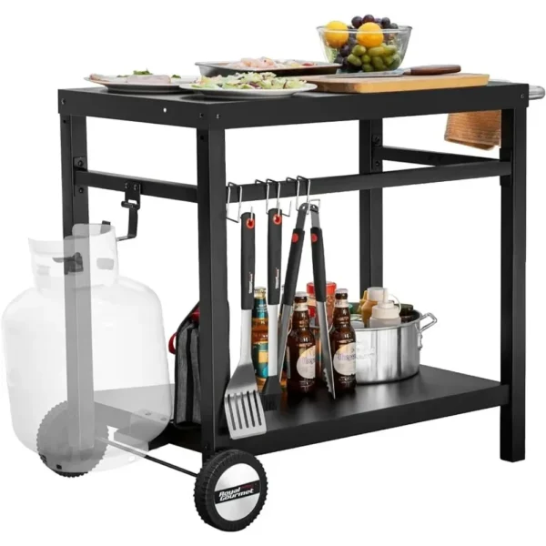 Dining Cart Table, Double Shelves, Movable Steel Flat Worktop, Hooks, Side Handles, Multi-purpose Kitchen Island - Image 6