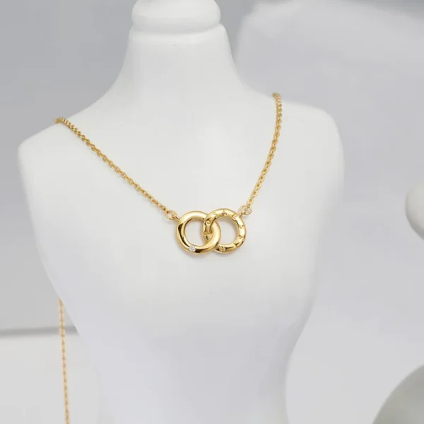 Korean version minimalist and fashionable S925 sterling silver plated K-gold double ring circular zirconia inlaid niche necklace - Image 4