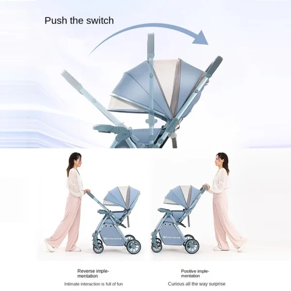 Luxury Baby Stroller Can Sit and Lie Down High Landscape Lightweight One Button Folding Two-way Push Four Wheel Shock Absorption - Image 3