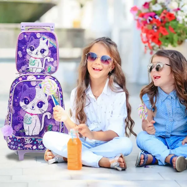 3PCS Rolling Backpack for Girls Kids Roller Wheels Bookbag with Lunch Bag Purple Cat Pattern Design Glow-in-the-Dark Function - Image 4