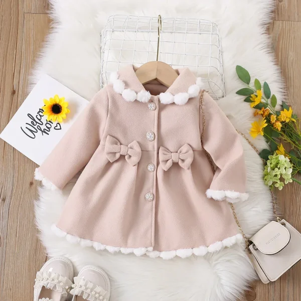 (Girls 0-3 years old) Winter Dresses New for Girls Delicate Button Coat Bow Long Sleeve Furry Nizi Coat Sweet Princess Fashion