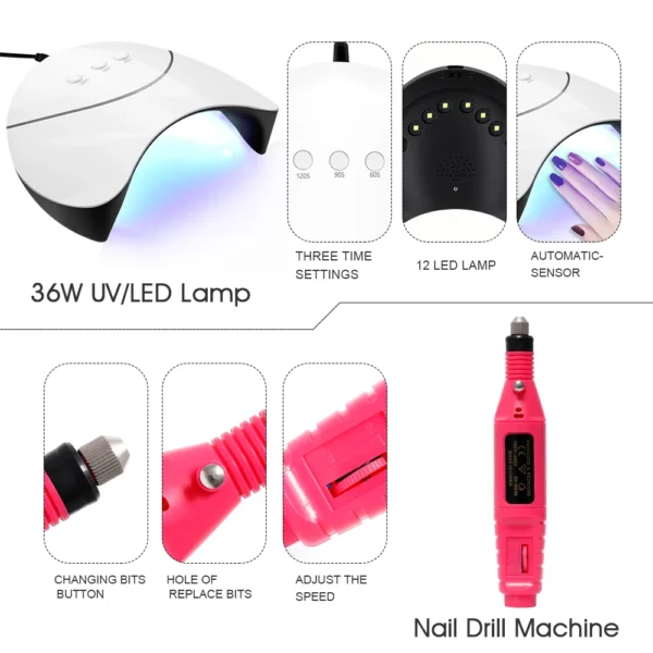 Acrylic Nail Kit Acrylic Powder Nail Liquid with Nail Dryer Lamp All for Nail Extension Quick Builder Acrylic Glitter Powder Kit - Image 2