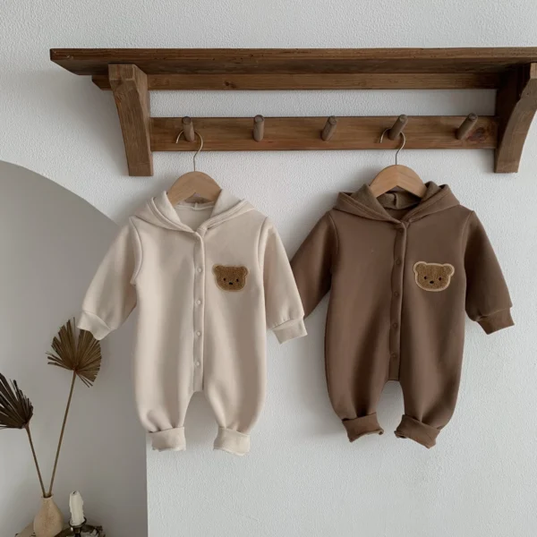 Winter Newborn Baby Plush Bodysuit Button Jumpsuit Cartoon Bear Hoodies Boy Girl Romper Twins Clothes Korean version - Image 5