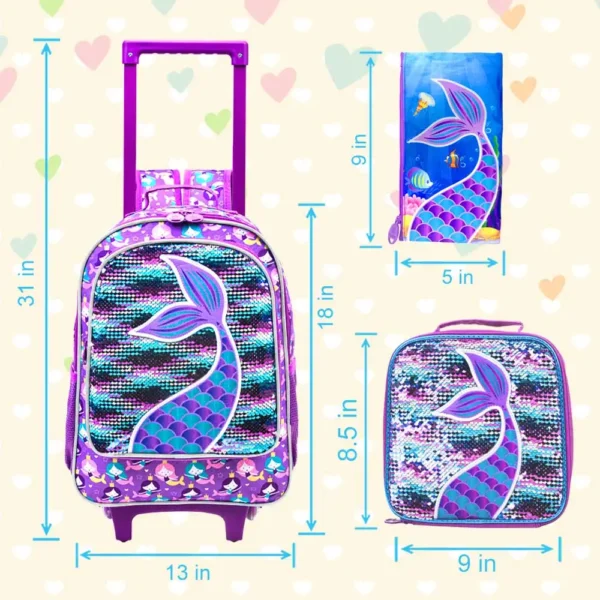 3PCS Rolling Backpack for Girls Kids Roller Wheels Bookbag with Lunch Bag Pink Fishtail Glow-in-the-dark Function - Image 3