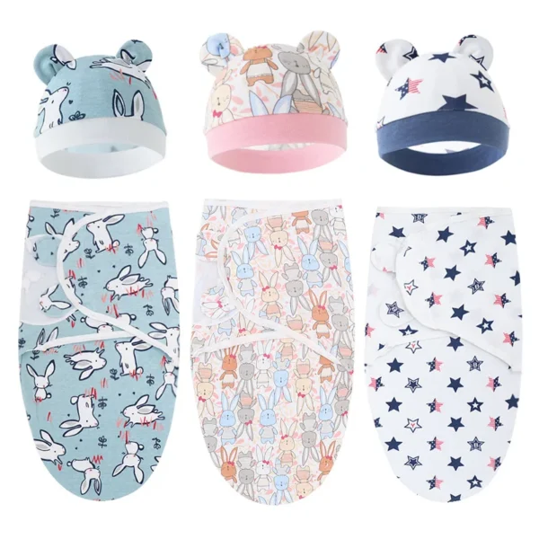 Baby Blanket Hat Set Cartoon Printed Cotton Newborn Swaddle Adjustable Infant Sleeping Swaddle Wraps All Seasons 0-6 Months