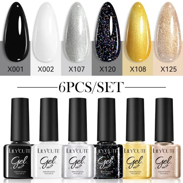 LILYCUTE 6PCS/SET Gel Nail Polish Set Base Top Coat Gel Varnish Soak Off UV Gel LED Vernis Semi Permanent For Nail Art Manicure