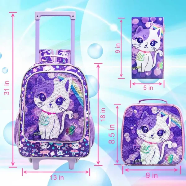 3PCS Rolling Backpack for Girls Kids Roller Wheels Bookbag with Lunch Bag Purple Cat Pattern Design Glow-in-the-Dark Function - Image 3