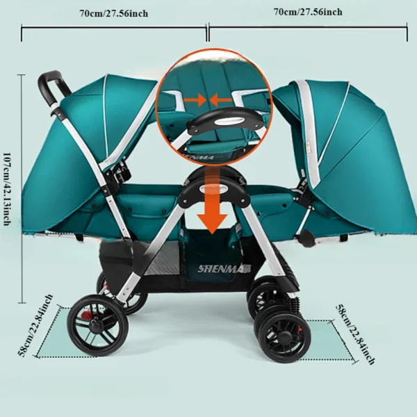 Double Stroller with Universal Wheel Four-wheel System Folding Washable Umbrella Stroller Flat Double Brake for Twin Babies - Image 2